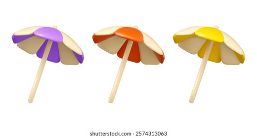 Beach umbrella vector 3d icon set. Cartoon parasol design element isolated on white background.