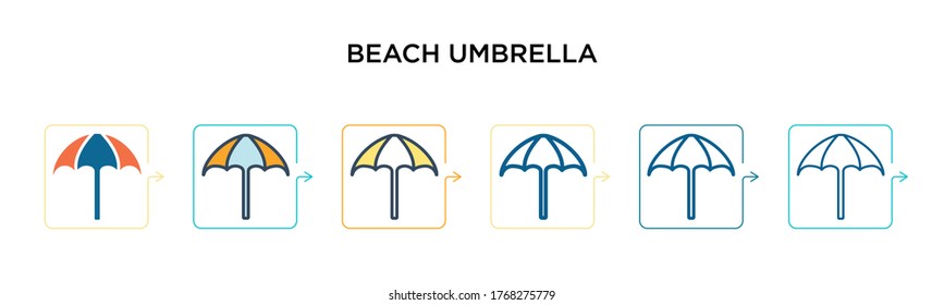 Beach umbrella vector icon in 6 different modern styles. Black, two colored beach umbrella icons designed in filled, outline, line and stroke style. Vector illustration can be used for web, mobile,