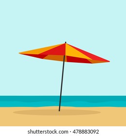 Beach umbrella vector illustration isolated, flat cartoon red orange umbrella on empty beach and sea horizon