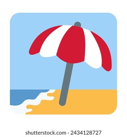 Playa con ilustración vectorial de paraguas sobre fondo blanco.