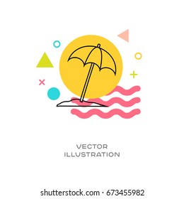 Beach umbrella vector line logo icon with colorful design elements memphis styled in background