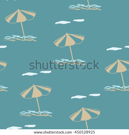 Beach umbrella. Vector seamless pattern on a blue background. Marine theme. 