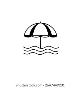 Beach Umbrella with Waves Icon - Summer Holiday and Coastal Vacation Vector Illustration