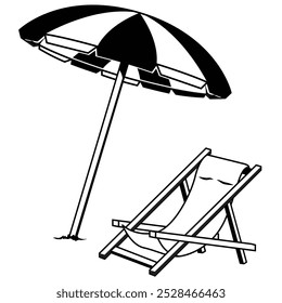 Beach umbrella and wooden beach chair vector illustration. Outdoor beach chair lounger with umbrella