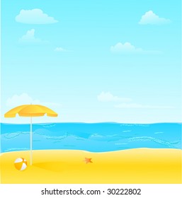 Beach with umbrella,ball and starfish vector illustration