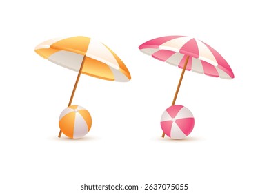 Beach umbrellas and beach balls isolated on white background in summer concept.