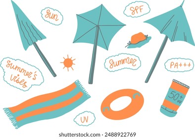 beach umbrellas blue color, beach set with SPF elements