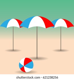 Beach umbrellas and bright ball on the sandy beach. Vector illustration EPS10