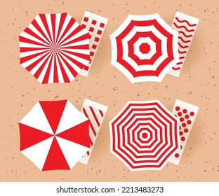 Beach umbrellas and beach chairs of different design. Top view. Summer concept vector illustration