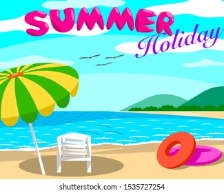 Beach with umbrellas and chairs On a day with clear skies, good atmosphere. The sea is beautiful and the mountains are seen far away. And there are birds flying on top. With message "Summer holiday".