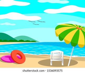 Beach with umbrellas and chairs On a day with clear skies, good atmosphere. The sea is beautiful and the mountains are seen far away. And there are birds flying on top.