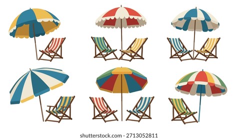 Beach umbrellas and deck chairs set