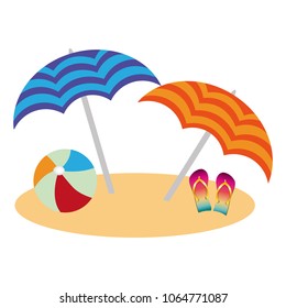 beach with umbrellas and flip flops