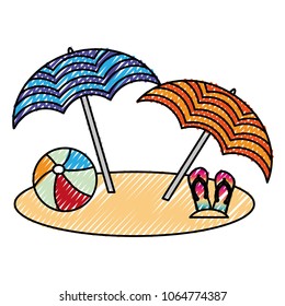 beach with umbrellas and flip flops