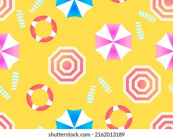 Paraguas de playa y chanclas, con un patrón incomparable en la parte superior. sombrillas en la playa con un gradiente de estilo plano. Diseño para afiches, banners y materiales promocionales. Ilustración del vector