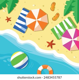 Beach with umbrellas, flip-flops and towels. Vector illustration.