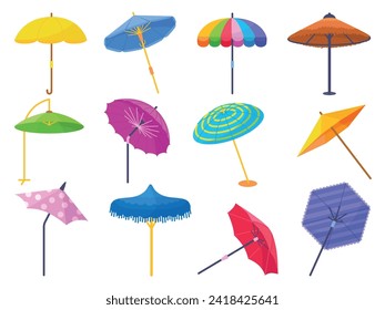 Beach umbrellas. Isolated cartoon parasols, umbrella with stripes and dots. Outdoor sun protective accessories, beach rest neoteric vector elements