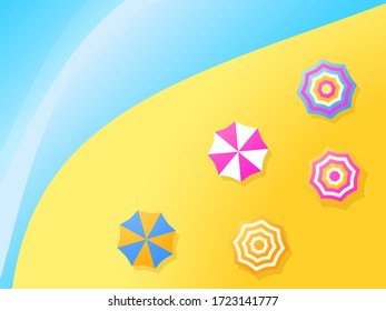 Beach umbrellas on the shore, top view. Gradient colors. Flat design style. Summer background. Vector illustration
