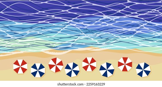 Beach with umbrellas on the shore.  Vector ilustration in flat style.