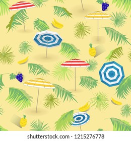 Beach umbrellas, palm leaves, tropical fruits on the sand  . Seamless vector pattern.