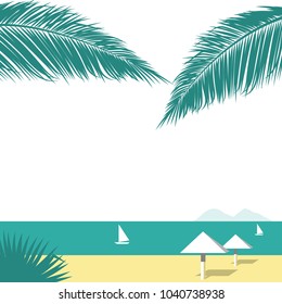 Beach with beach umbrellas and palm trees in retro style. Vector illustration.