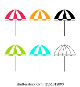 Beach umbrellas set in different colors. Sun parasols colorful, black, line art. Cartoon vector illustration of summer accessory. Cool flat design