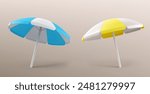 Beach umbrellas set isolated on background. Vector realistic illustration of striped blue and yellow parasols, sunny weather protection, symbol of summer seaside vacation, pool or garden accessory