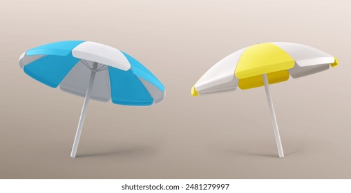 Beach umbrellas set isolated on background. Vector realistic illustration of striped blue and yellow parasols, sunny weather protection, symbol of summer seaside vacation, pool or garden accessory