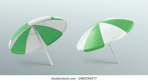 Beach umbrellas set isolated on background. Vector realistic illustration of striped green and white parasols, sunny weather protection, symbol of summer seaside vacation, pool or garden accessory