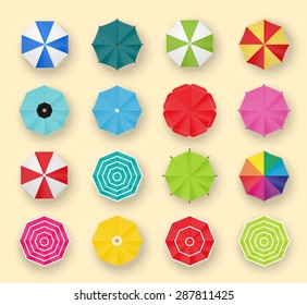 Beach umbrellas set, top view, isolated, vector illustration. Collection of parasols icons