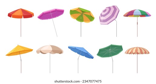 Beach umbrellas set vector illustration. Cartoon isolated collection of summer sunshade with different colors and patterns, side view of garden or swimming pool parasols for sea vacation relax