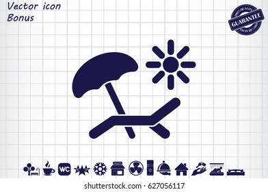 Beach umbrellas and sun loungers icon vector illustration eps10. Isolated badge for website or app - stock infographics.