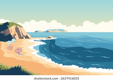 Beach with umbrellas and sun loungers on beautiful rocky coast. Vector illustration of beach landscape. Beach, mountains, sand and stunning sea or ocean.