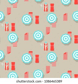 Beach umbrellas top view seamless vector pattern. Retro style riviera umbrellas on sand beach background.