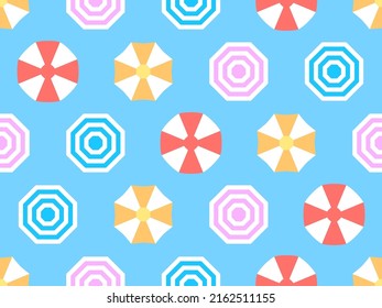 Beach umbrellas top view seamless pattern. Sun umbrellas on the beach in flat style. Design for posters, banners and promotional materials. Vector illustration