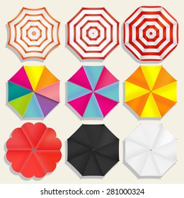 Beach umbrellas top view,  sunshade umbrella set, Seasons objects parasol. umbrella color image, umbrella parasol web icon, umbrellas concept for design, umbrella illustration, umbrella Vector set