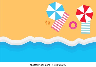beach with umbrellas, towels and flip-flops- vector illustration