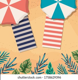 beach with umbrellas and towels top view design, Summer vacation and tropical theme Vector illustration