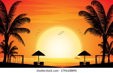 Beach under sunset landscape background