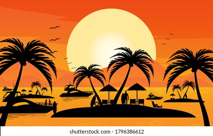 Beach under sunset with silhouette palm tree and straw hut 