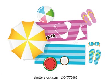 beach utensils parasol towel sunglasses bikini ball watermelon coconut andflip flops vector illustration EPS10