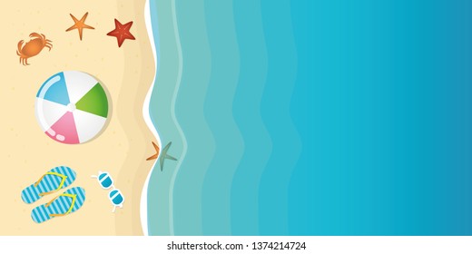 beach utensils sunglasses flip flops and ball on the sand with starfish and crab and turquoise water vector illustration EPS10