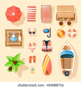 Beach vacation accessories collection top view with palm motorboat surfboard swimming suits and parasol isolated vector illustration 