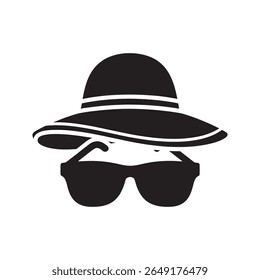 Beach vacation accessories icon with a sun hat and sunglasses for protection from sun exposure and maintaining privacy or a cool style vector solid glyph icon
