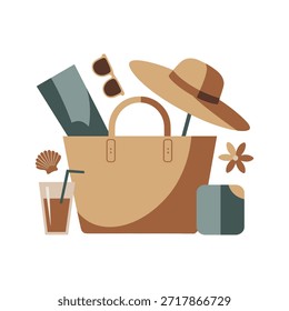 Beach vacation accessories Illustration and items in a bag drink cap sunglasses