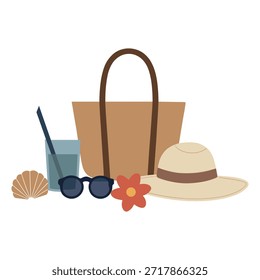 Beach vacation accessories and items on white background
