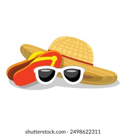 Beach vacation accessories lying on sand with sunglasses flip flops and straw hat