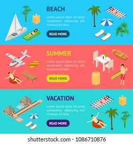 Beach Vacation Banner Horizontal Set 3d Isometric View Include of Island, Sand, Palm, Umbrella and Airplane . Vector illustration of Various Type Rest