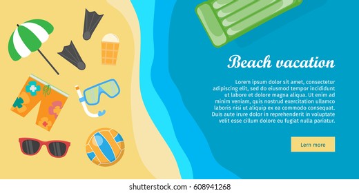 Beach vacation banner. Snorkel flippers mask ball ice cream umbrella trousers and glasses on the sand near the sea or ocean. Travelling conceptual poster. Things necessary for rest. Vector