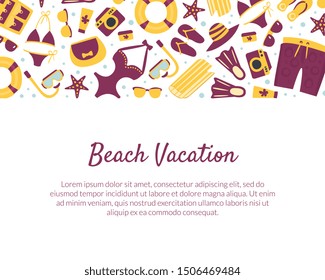 Beach Vacation Banner Template, Summertime Traveling Card with Summer Accessories and Place for Text Vector Illustration